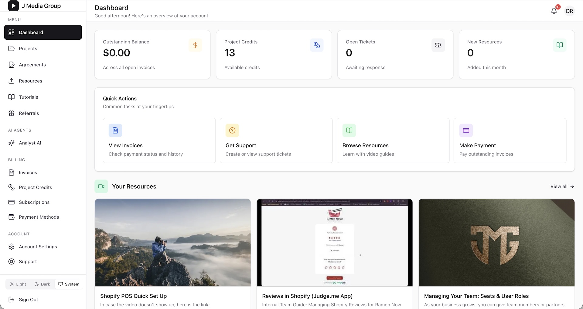 Preview of the J Media Group Hub dashboard